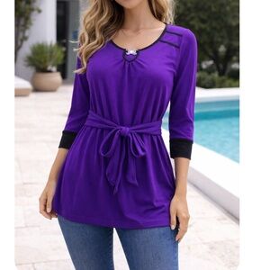 LIZ MCCOY Purple Jeweled Tie Waist Tunic Top S NWOT